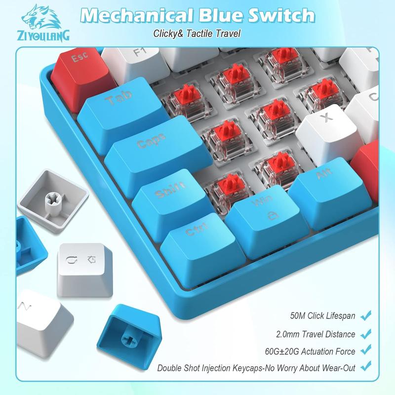 ZIYOU LANG T60 Wired Rainbow Backlit Mechanical Gaming Keybaord and Mouse Combo, 62 Keys Mini Portable Keyboard, 6400 DPI RGB Homeycomb Mouse, with Coiled Aviator C Cable for PS4/PC/WIN Gamer