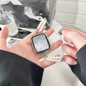 2026NEW Double Pearl Apple Watch Band - Silver Chain Bracelet for Women, Adjustable Slider Strap Fits iWatch Series 10 9 8 7 6 SE Ultra, Elegant Wristband for Bridal & Daily Glam