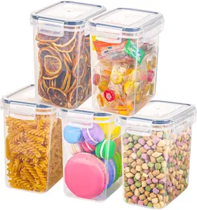 5 1.6-liter airtight food storage containers, organic kitchen plastic storage boxes with labels and measuring bottles, used for grains, beans, sugar, flour.