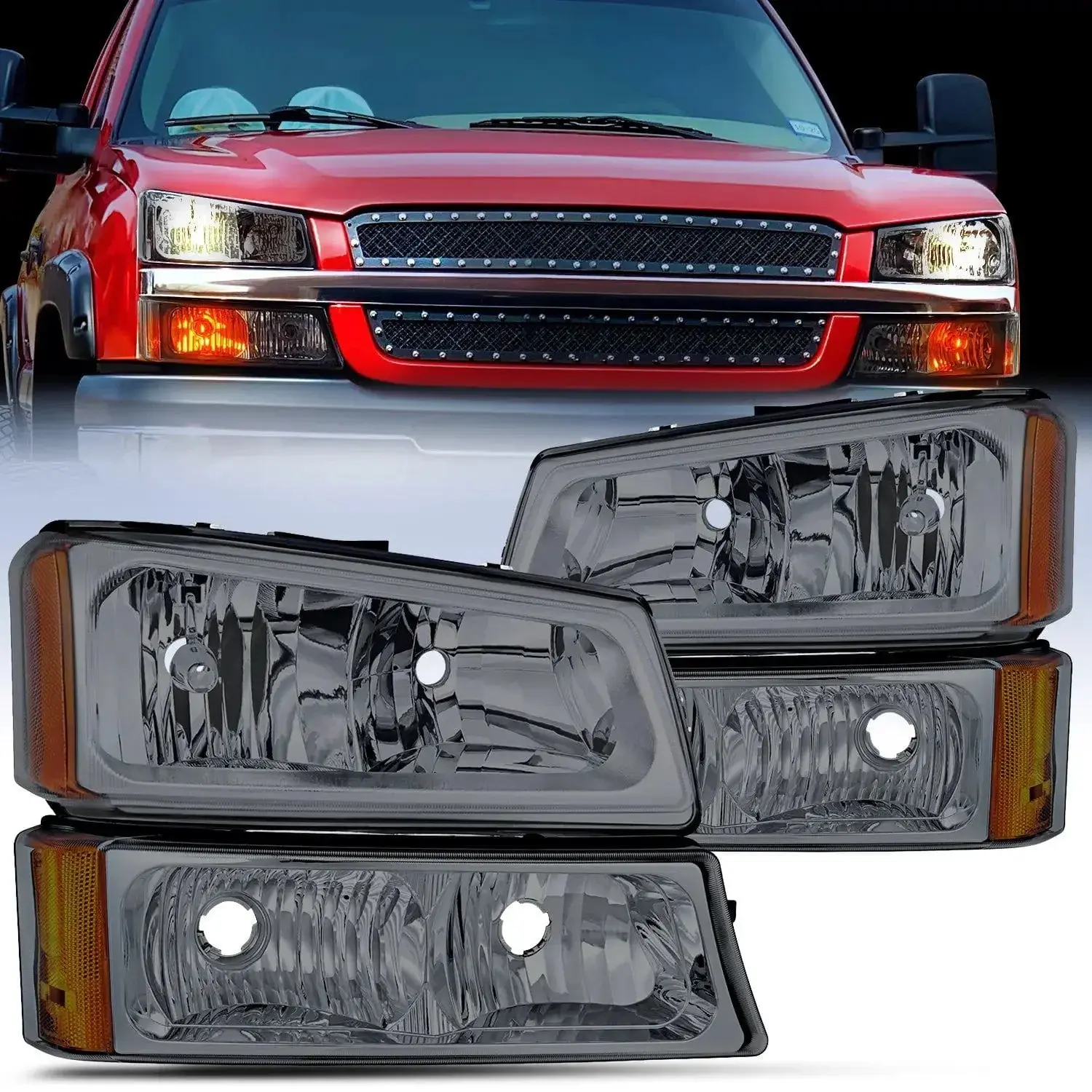 Nilight Chrome Case Amber Reflector Smoke Lens ABS Plastic Headlight Assembly - Dustproof Headlamps, Headlight Covers, Left Front Side Marker 194 for 2003-2006 Chevy Silverado 1500,1500HD,2500,2500HD,2007 Silverado Classic 1500,1500HD,2500HD,3500, Beam He