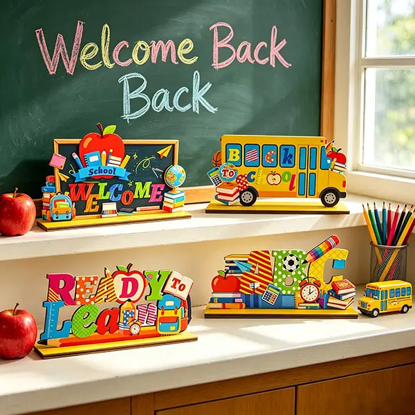 4-piece back-to-school party decorations set, wooden “First Day of School” themed centerpieces, study-themed table decorations, suitable for schools, classrooms, home, classroom parties, party supplies, and photo props