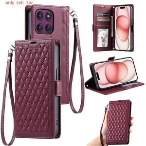 Grid Strap Leather Protective Case for Motorola Moto G86 G36 G06 G56 G57 G67 Power G05 G15 E15 G35 G55 G85 G54 G04 G24 Case Wallet Cover