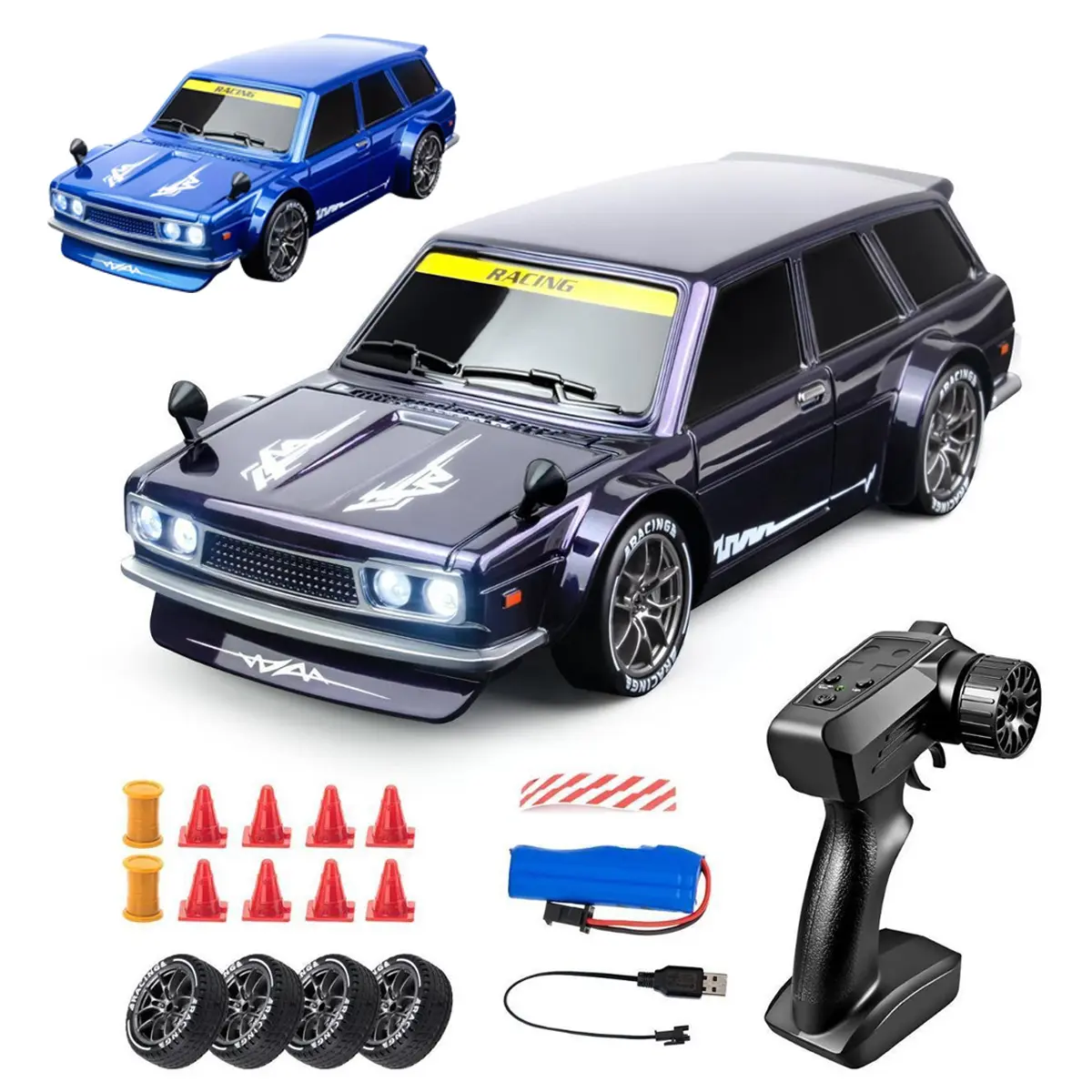 1:24 4WD RC Drift Car - 2.4GHz Remote Control Racing Toy for Kids, Rechargeable Battery, PVC Body, LED Lights, Drift Tires, Roadblocks Set, High-Speed, Boy Gifts, Boys Christmas Gifts