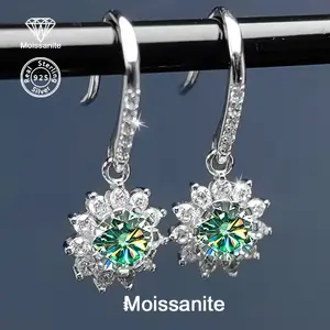 925 Sterling Silver Green Moissanite Drop Earrings for Women, Dainty Sunflower Halo Hook Earrings, Sparkly Bridal Jewelry, Hypoallergenic, Perfect Gift for Her