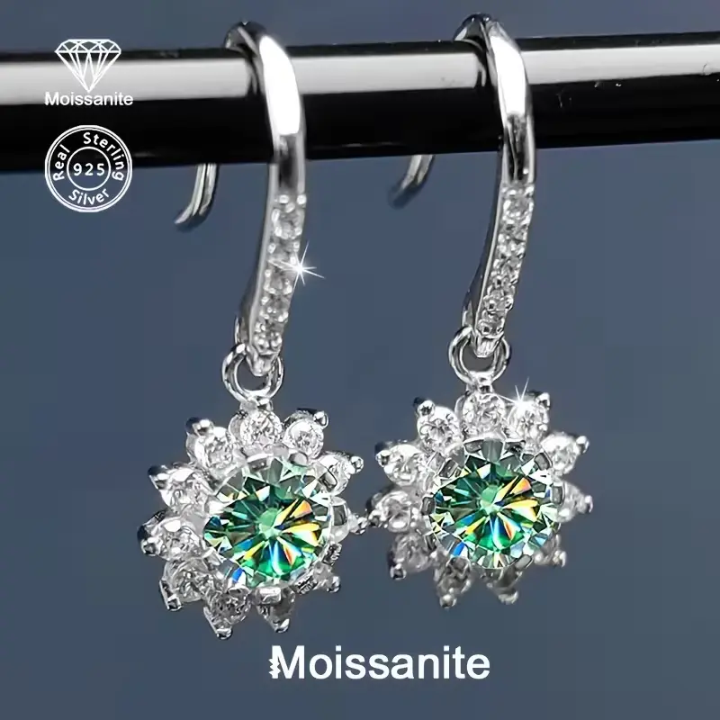 925 Sterling Silver Green Moissanite Drop Earrings for Women, Dainty Sunflower Halo Hook Earrings, Sparkly Bridal Jewelry, Hypoallergenic, Perfect Gift for Her