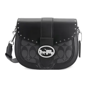 COACH Georgie 21 Medium Saddle Bag in Black with Studded Color Block Design and Calfskin Leather for Women
