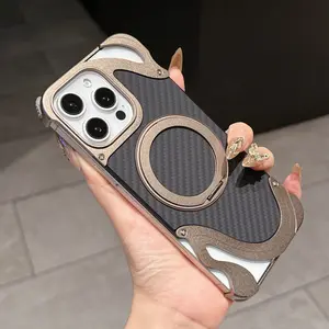 iPhone 16 Pro Max Aluminum Alloy Case with 360° Rotating Stand, Carbon Fiber Protection and Magnet Charging for Galaxy S23/24/25 Ultra