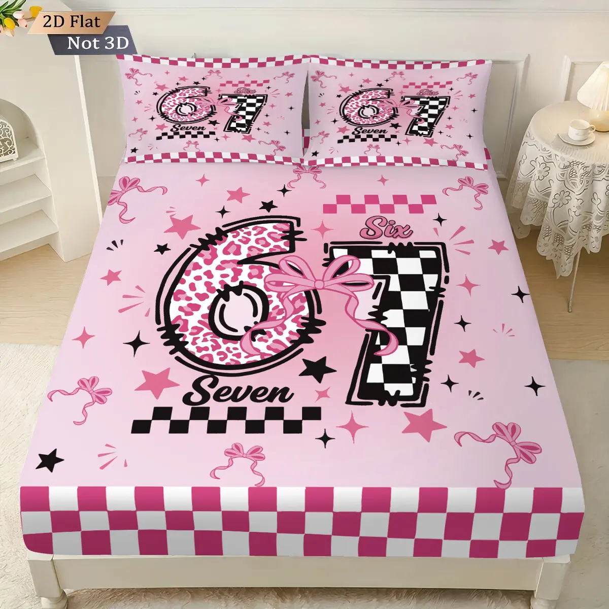 67 Internet Meme Theme 3pcs (1* fitted sheet, 2* pillowcases, without filling) printed bedding set, Soft bedding sets, featuring pink bows, leopard print, checkerboard, soft and comfortable, suitable for home decor, can be used as a gift