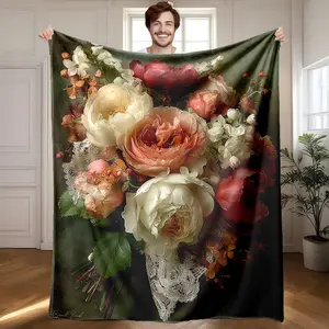1 piece Vintage style multicolor rose bouquet themed flannel blanket - Oversized comfortable fluffy sofa blanket, suitable for beds and sofas, modern geometric pattern design, all-season multi-purpose use, digital printing, 100% polyester material