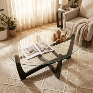 48" Oval Glass Coffee Table with Tempered Glass Top Cross and Solid Wood Base Simple & Modern Center Table for Living Room Office Apartment