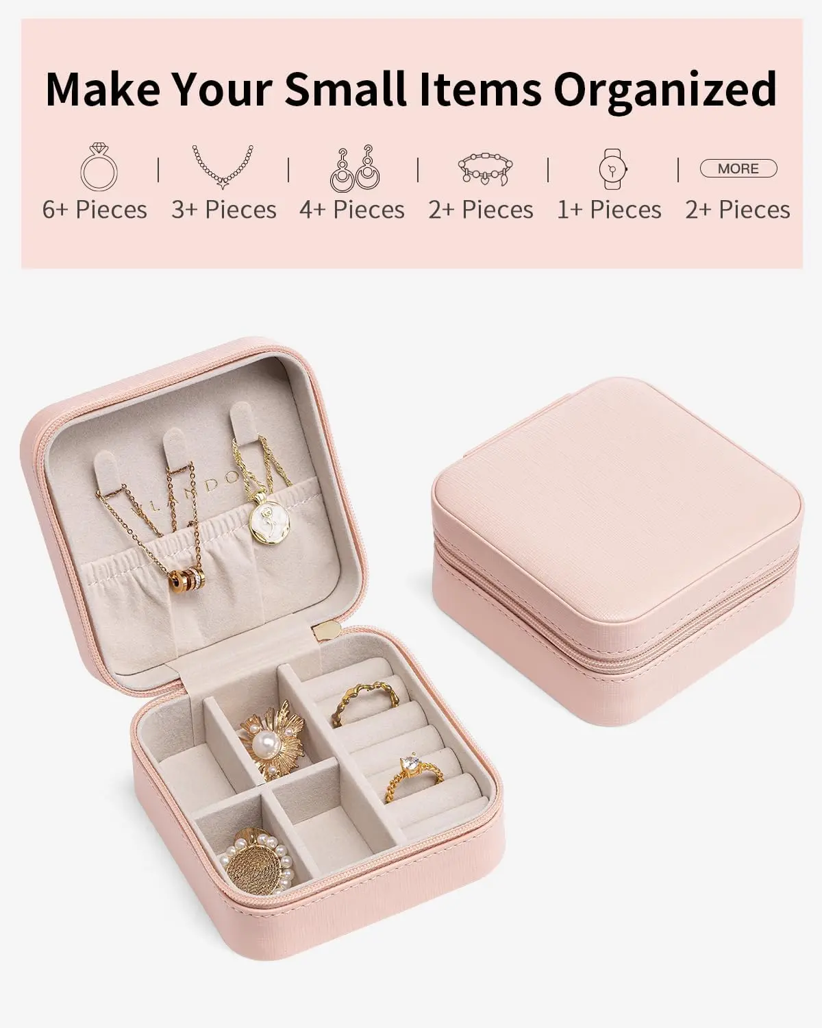 Women's Square Flannel Box-Style Jewelry Holder Organizer - Small Travel Storage Case with Built-In Compartment, Adjustable Dividers, Mirror, Pink, Stylish Organizer for Rings Earrings Necklaces, Bridesmaid Gift