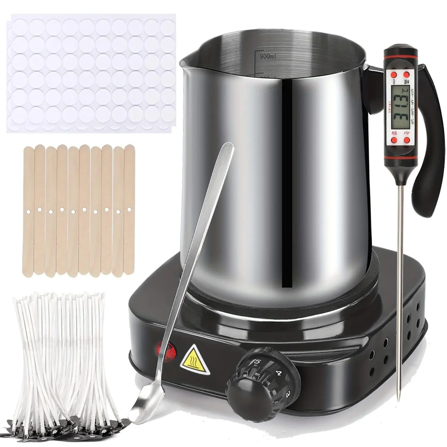 Complete DIY Candle Making Kit with Electric Wax Melter & Thermometer - 30.43oz Wax Pouring Pot, Spoon & Wick - -in- Starter for Adults & Beginners (Stainless, 110, Plug) - Melting Supplies for Homemade Candles