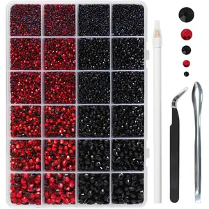 14400pcs Multi Sizes Hotfix Rhinestones Kit Mixed 5 Sizes SS6-SS30 Siam and Black Heat Fix Rhinestone for Bedazzling Clothes Crafts with Wax Pencil Tweezers Spoon