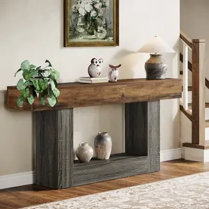 LITTLE TREE 63-Inch Long Console Table, 2-Tier Entryway Table Sofa Table with Storage, Farmhouse Wood Behind Couch Tables for Living Room, Hallway, Rustic Brown & Gray