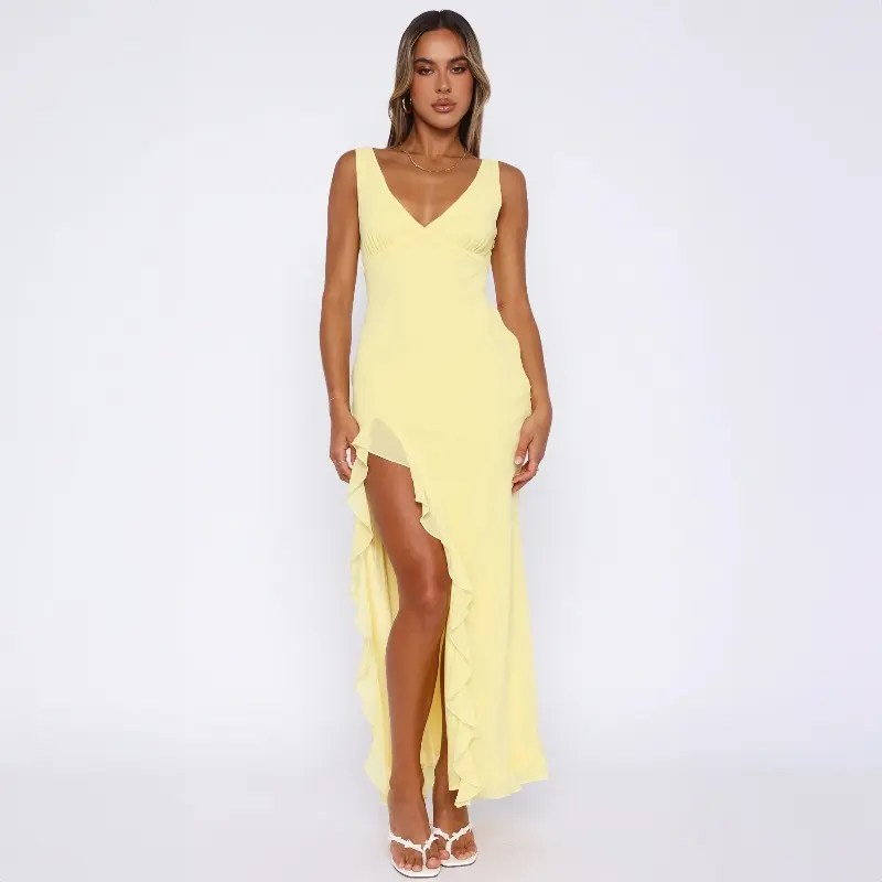 Deep V-Neck Low Back High Slit Ruffle Flare Dress Casual Womenswear Pleated  Summer Spring Womenswear