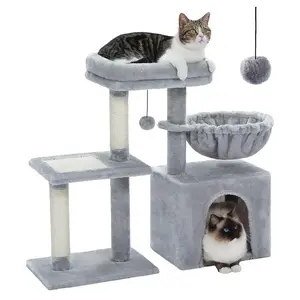 Indoor and Outdoor Cat and Tarantula Activity Tower with Scratching Posts Hammock Removable Perch Coffin Bed Cactus Scratching Post with Ball Condos and Waterproof Pet Lounge 2 Styles Grey and Beige