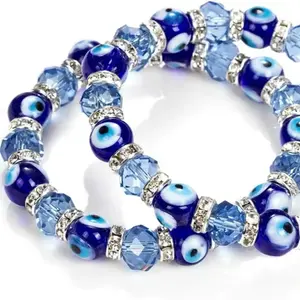 Blue Evil Eye Bracelet - Crystal Beads Protection Jewelry, Blue with Rhinestone Spacers