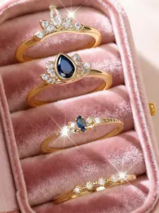 4 Pieces/Set Water Drop Design Rings for Women & Girls Exquisite Artificial Zirconia Stackable Engagement Rings Daily Date Wear Womens Jewellery Birthday Anniversary Gift