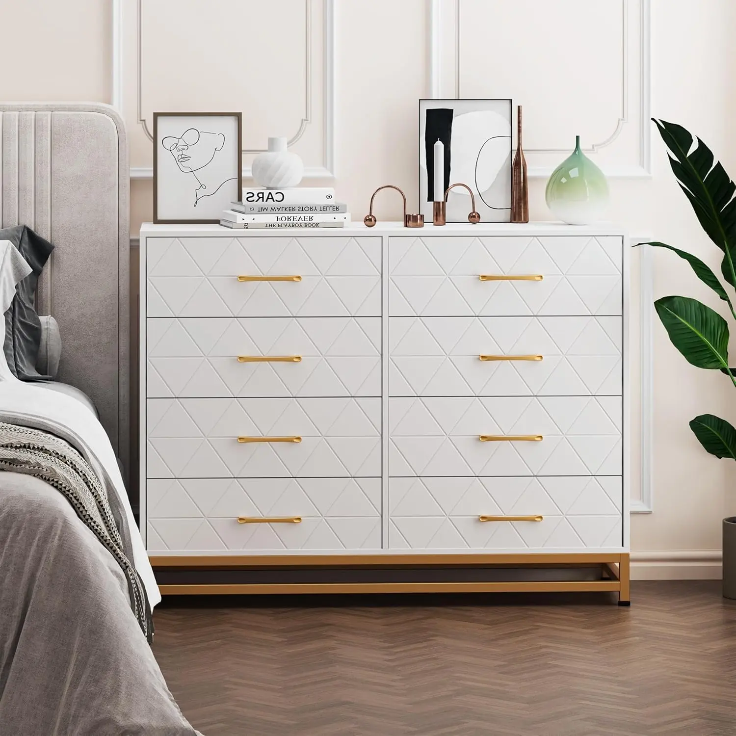 8-Drawer Wood Dresser with Gold Handles - Modern Home Furniture Storage Unit, 100 lbs Capacity, 15.8in D x 47.2in W x 36.2in H, Anti-Tipping, Pre-Labeled Parts, Rattan Weave, Clothing Organization, Assembly Required, Bedroom Chest of Drawers