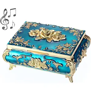 Box, Blue Metal Musical  Box Keepsake Box, Small Trinket  Storage Box  for Girl Women (Tune: You are My Sunshine)