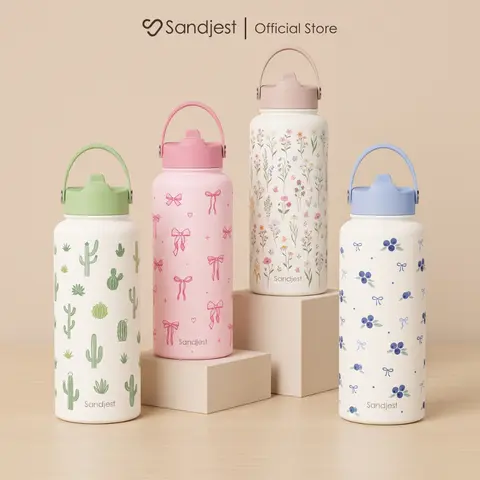SANDJEST Vibrant 32oz Insulated Water Bottle with Flip Straw & Handle, Stainless Steel Leak-proof, Protective Silicone Base, Easy Cleaning, Great for Sports Travel Camp School Outdoor Birthday Christmas Gift