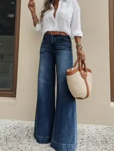 Women's High Waist Wide Leg Jeans, Slim-fit Floor-length Flare Pants, High-end Dark Blue Commuter Trousers, Elegant Minimalist Draped Versatile Denim Pants