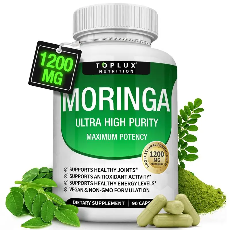 High Potency Pure Moringa Capsules 1200mg, Natural Moringa Leaf Powder Supplement, Supports Immune & Gut Wellness for Adults, Vegan 90 Capsules