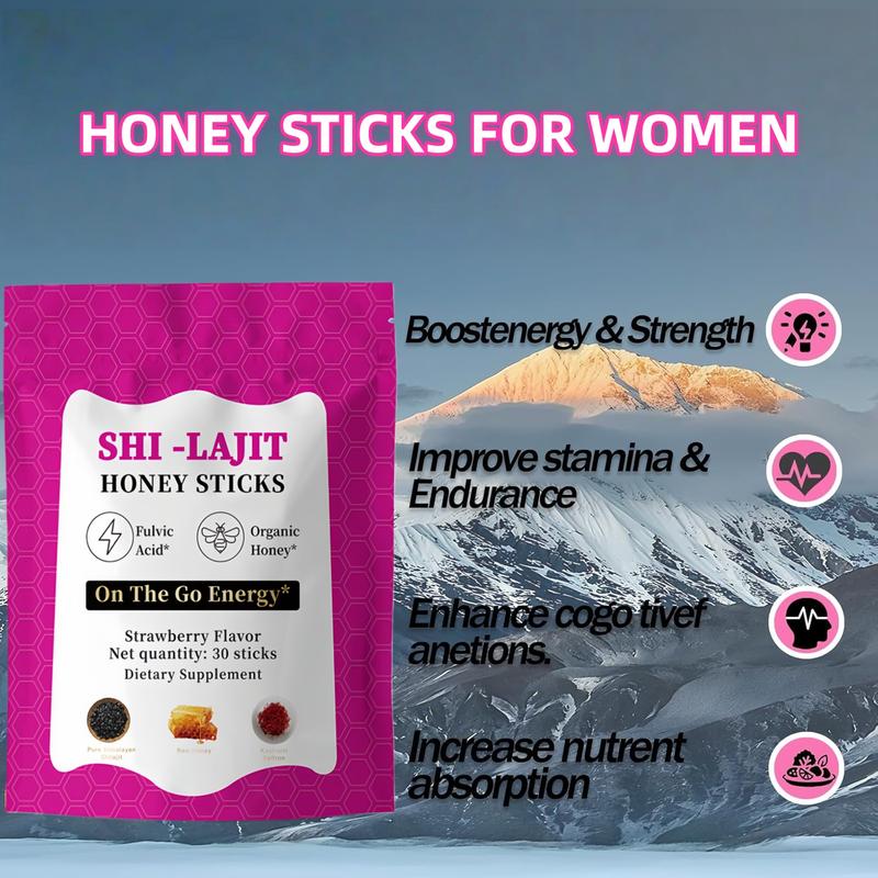 Honey Sticks Shilajit for Women Strawberry Flavor, Shilajit with Pure Himalaya Shilajit & Saffron for Hormonal Balance & Energy - 30 Sticks