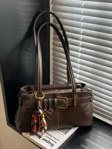 Women's PU Fabric Shoulder Bag, Fashionable Buckle Decoration, Vintage High-End Handbag, Dual Handle Design, Zip Closure, Office, College, Travel