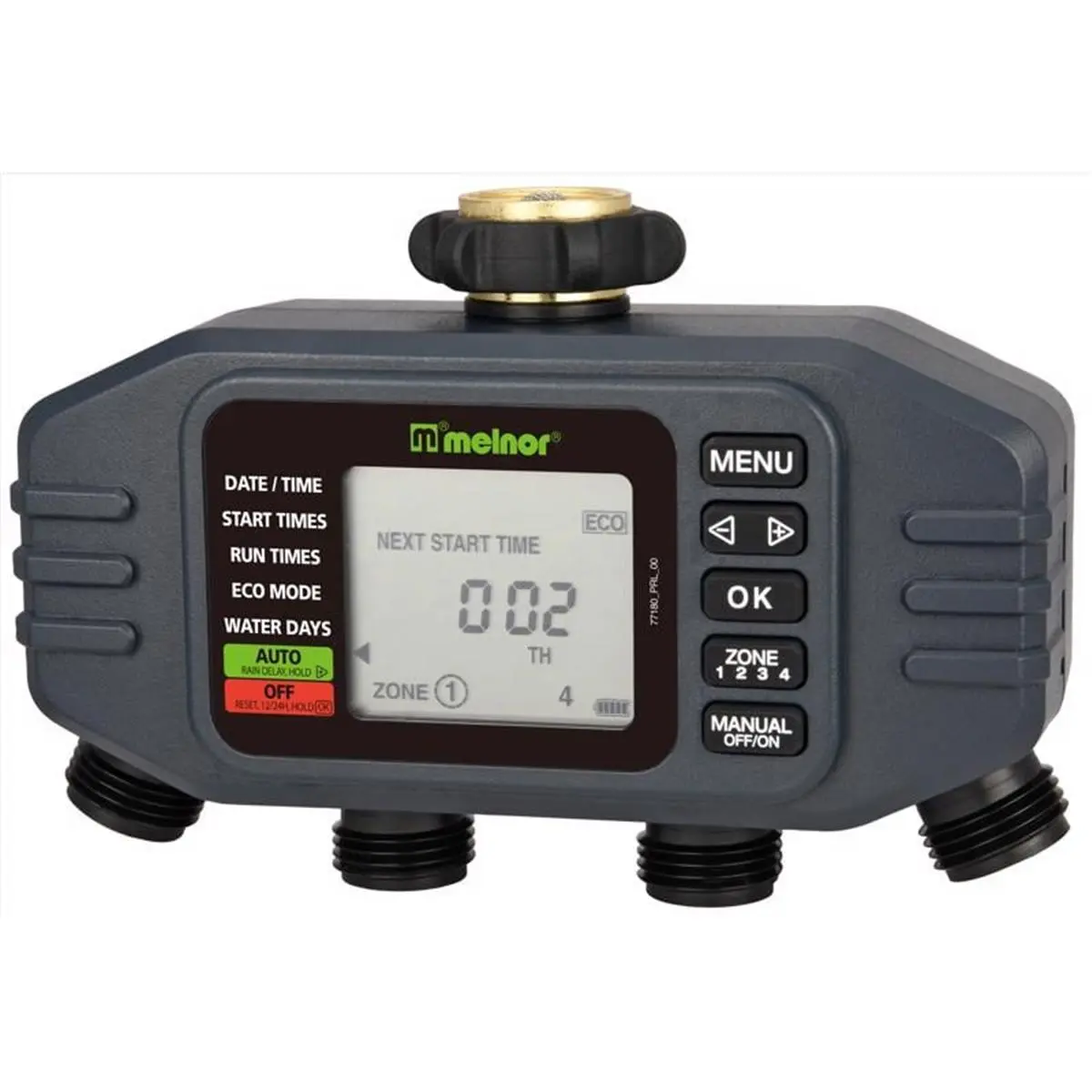 Melnor 7043203 Programmable 4-Zone Digital Garden Water Timer - Digital Irrigation System Controller with Eco Mode, Dirt-Resistant Valve, Water Usage Tracking, 1.26 lbs, Included Batteries for Outdoor Walkway Watering