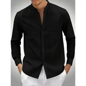 Men's Slim-Fit -Free Black Dress Shirt - Single-Breasted Button-Front Collarless Jacket, Machine-Washable Tailored for Business Casual, Office & Party Wear, Spring/Autumn Season (No, Stitching)