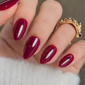Curvlife medium almond glue press on nails red glossy-shiny solid for winter fingernails easy apply nail art