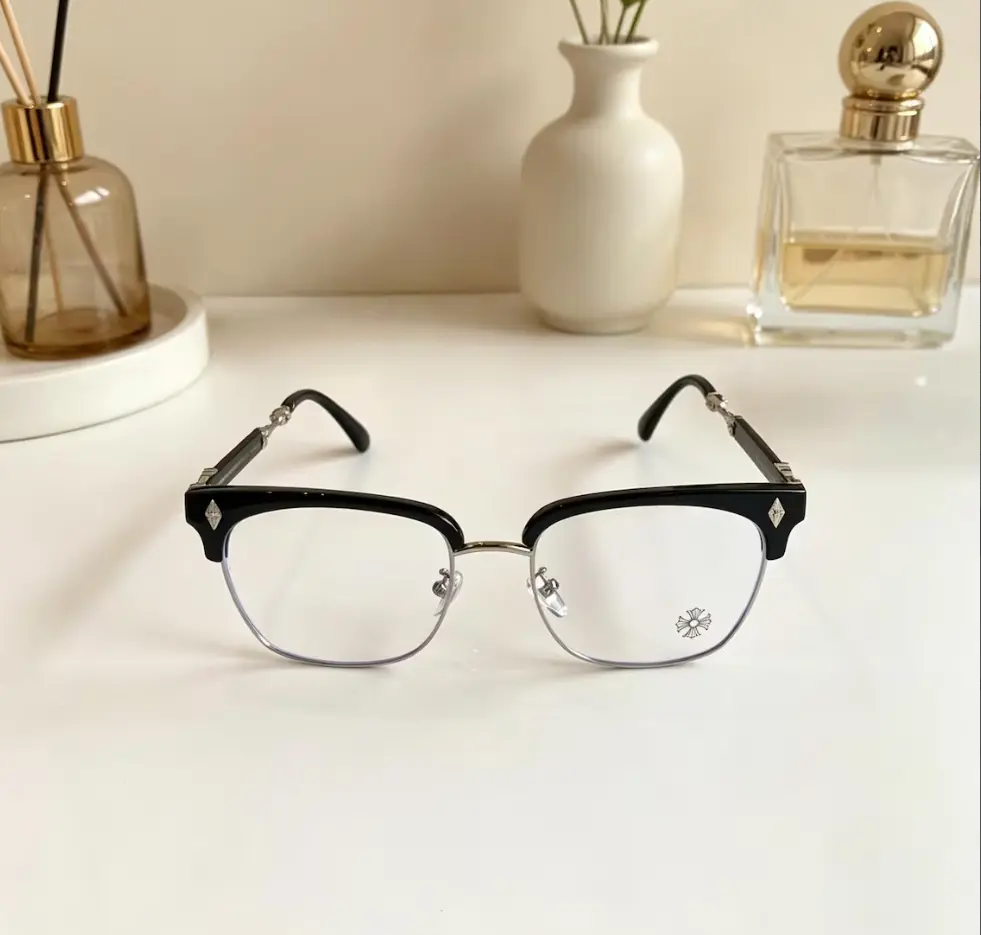 Chrome Hearts Luxury Gothic Black Gold Eyeglass Frames, Retro Half Rim Glasses, Ornate Metal Temple Optical Frames, Unisex Statement Eyewear Gift