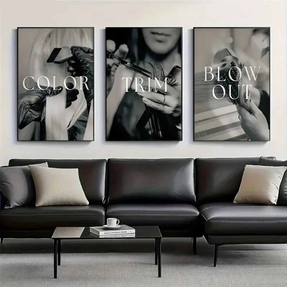 3 Pieces Optional Wooden Frame Minimalist Design Fashion Black White Hair Salon Sign Hairstylist Barbershop Art Wall Poster Canvas Painting Wall Picture Home Decor Creative Wall Art Commercial Store Atmosphere Hanging Painting HD Giclee Wall Poster