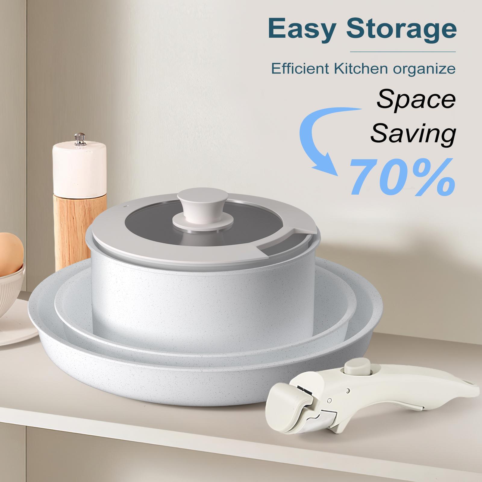 17pcs Pots and Pans Set, Non-Stick Cookware with Removable Handle,Frying Pan,Saucepan,Milk Pan,Silicone Glass Lid,Oven Safe,RV Cookware Set,Best Gift