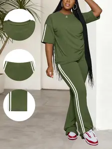 Women's Solid Color Short Sleeve Two-Piece Set, Casual Round Neck T-Shirt Top and Long Pants Fitted for Everyday Wear, Lightweight Fall & Winter Fashion Outfit