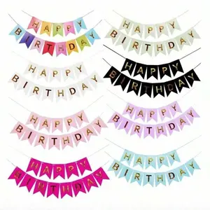 Happy Birthday Banner with Gold Foil Fringe Wreath, Party Decoration Set, Birthday Party Decorations, Blue Happy Birthday Banners, Hanging Decorative Flag, Party Decoration Supplies