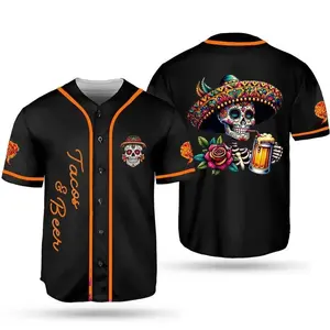 Tacos and Beer Baseball Jersey, Skull Beer Baseball Jersey, Día de los Muertos Gift for Beer Lover, Unisex 3D Shirt, Gift for Husband Jersey Shirt