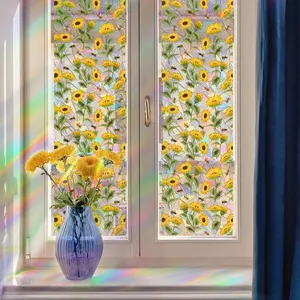 Sunflower Pattern Stained Glass Window Film, 1 Count Decorative Frosted Glass Window Privacy Film, Electrostatic Adsorption Non-stick Window Sticker for Front Door Bathroom, Ornaments