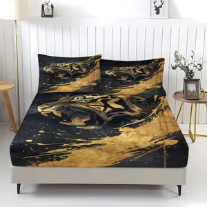 Tiger Pattern Fitted Sheet Set, Including 1 Fitted Sheet And 2 Pillowcases, Gold-Plated Design Bedding Set, Suitable For Daily And Festive Gifts As Bedroom Decorations For Children And Adults