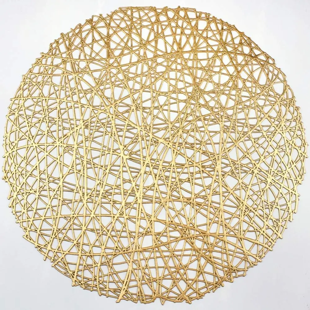 Glam Gold Round Vinyl Placemats Set - 15.2in 6-Piece Stylish Waterproof Metallic Hollow-Out Table Top Mats with Line Pattern, Wedding Party Accent, Coasters-Compatible Kitchen Tableware Decor