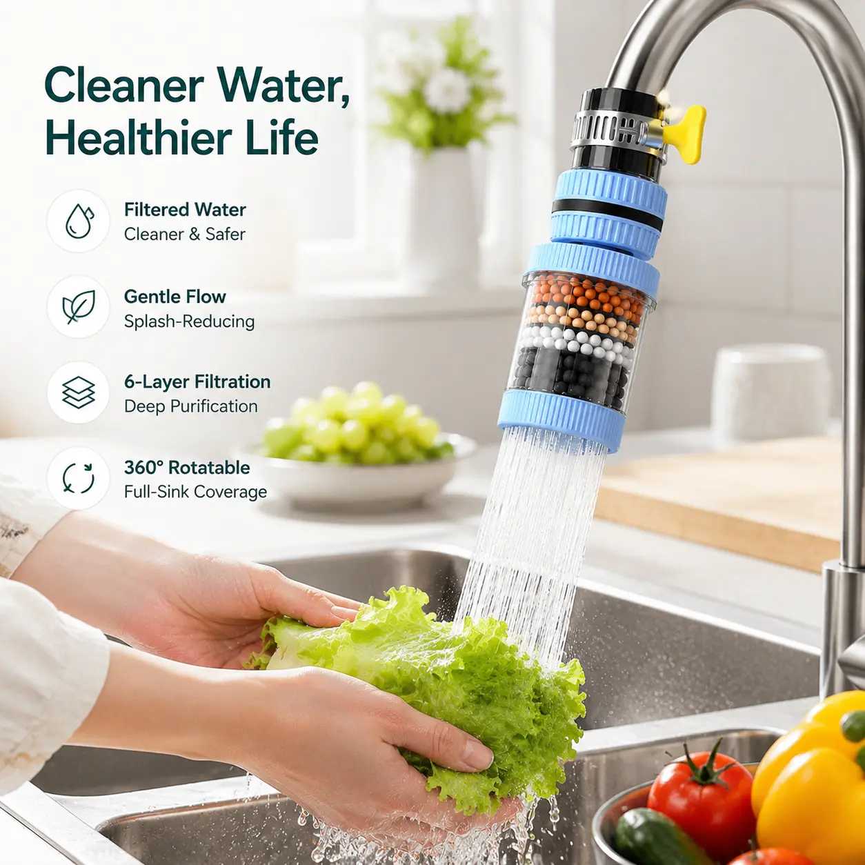 1 Count, 6 Layer Filtration Faucet Water Filter 360 Degrees Rotatable Splash Free, for Kitchen Sink Washing Fruits Vegetables and Dishes