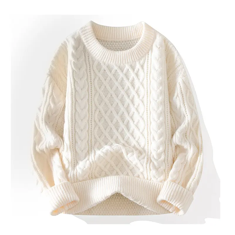 Men's Cream White Cable & Diamond Twist Knit Round Neck Fitted Pullover Jumper - Chic Preppy Menswear Knitwear Basic Longsleeve Top, Ribbed Collar-Cuff-Hem, Loose Oversized, Thick Warm Retro Casual for Autumn Winter Daily Outfits, No
