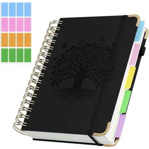 Hardcover Spiral Notebook, A5 Journal with Removable Dividers Tabs, 5 Subject Notebook College Ruled, 320 Pages 6"x8" Leather Notebooks for Work School Study, Lined Journal for Women, Black