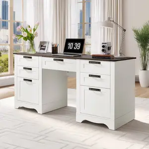 VEVOR Executive Desk, Farmhouse Office Table with Charging Station, Heavy Duty Particle Board Executive Table with Storage Drawers, 200 LBS Load Capacity, Easy Assembly, for Work Study Writing, Walnut