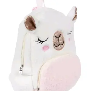 Send your child off to school with a cute and functional accessory like this Llama Backpack. This adorable, fuzzy backpack boasts a delightful design of a white llama with a glittery, rose gold-colored snout and ears.zipper at the top