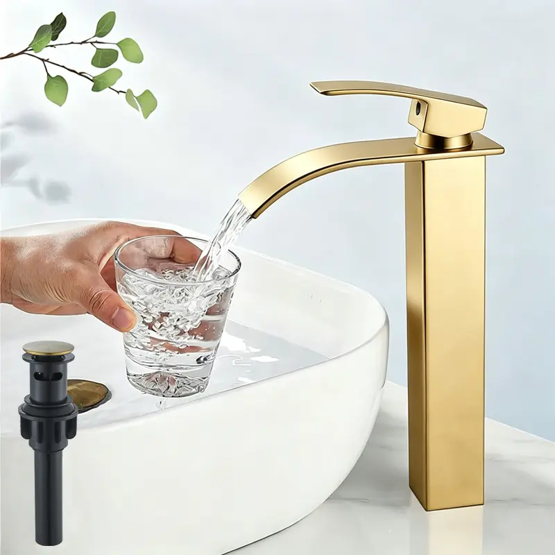 Polished Gold Vessel Sink Faucet, Tall Waterfall Bathroom Faucet, Single Handle One Hole Mixer Bowl Tap with Wide Spout, Bar Sink Faucet Lavatory Vanity, 15.75 Inch Mixing Hot Cold Hose, Pop-Up Drain Included