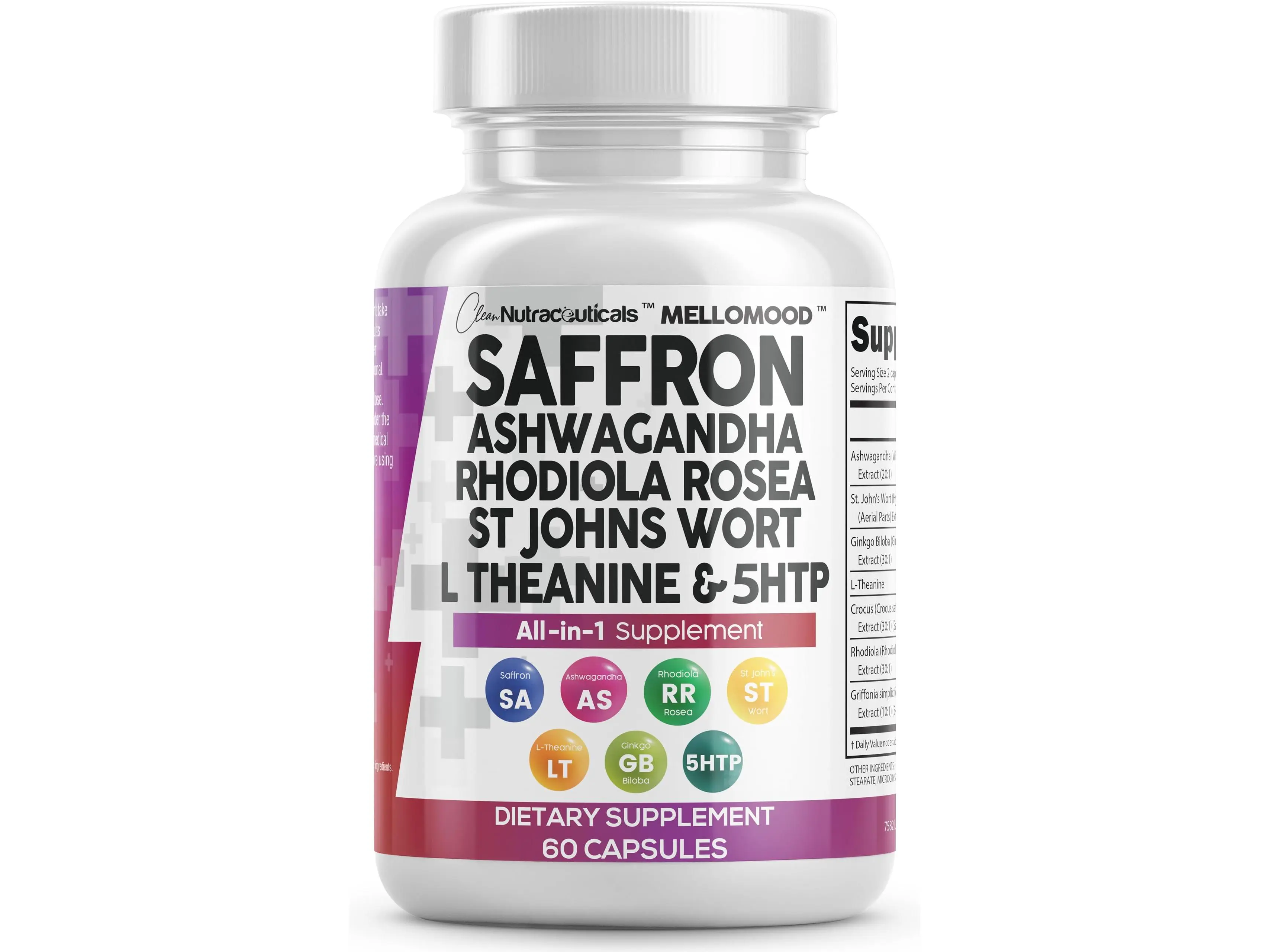 Clean Nutra Saffron, Ashwagandha, Rhodiola Rosea, St. John's Wort, L-Theanine, Ginkgo Biloba & 5-HTP for Mood Support & Fitness - MelloMood Clean Nutra Saffron, Ashwagandha, Rhodiola Rosea, St. John's Wort, L-Theanine, Ginkgo Biloba & 5-HTP for Mood Support & Fitness - MelloMood