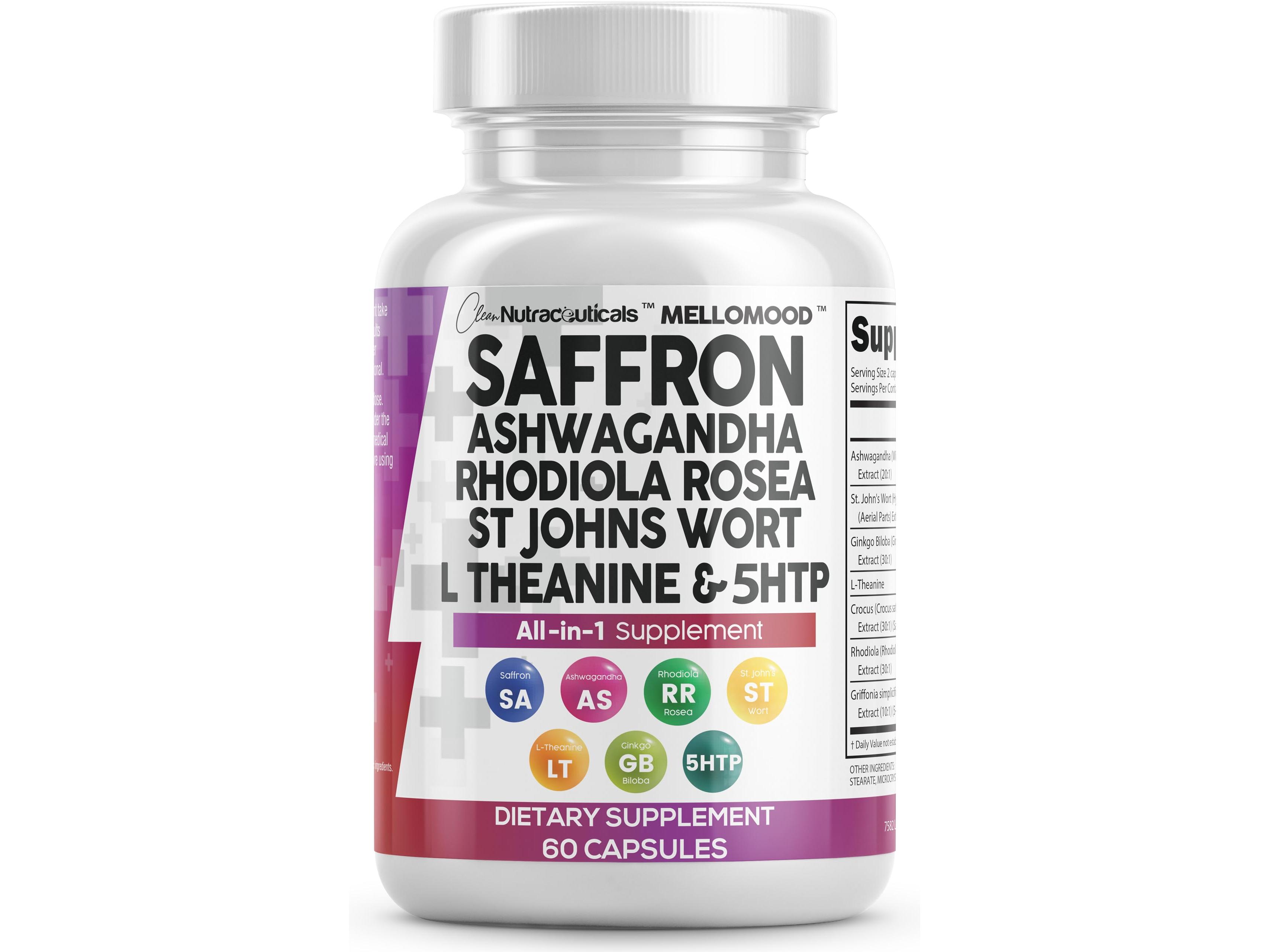 Clean Nutra Saffron, Ashwagandha, Rhodiola Rosea, St. John's Wort, L-Theanine, Ginkgo Biloba & 5-HTP for Mood Support & Fitness - MelloMood