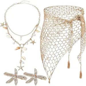 Summer Merrmaid Costume Accessories for Women, 4 Pcs Merrmaid Accessories Set with Boho Seashell Starfish Necklace, Crochet Skirt and Hair Clip for Summer Beach Hawaiian Dress Up Party Supplies